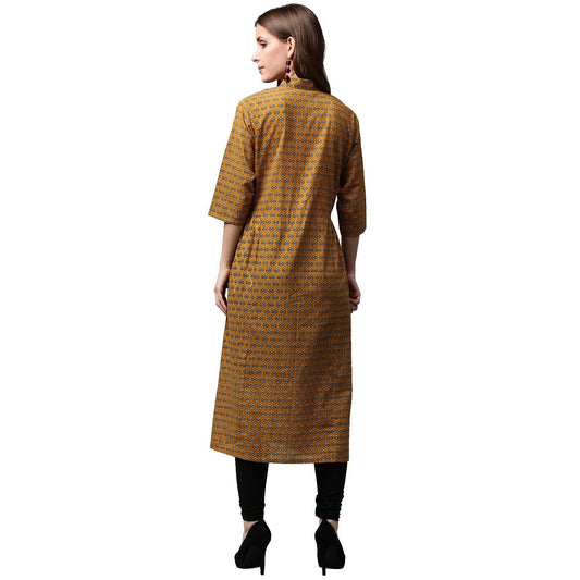 Yellow Printed 3/4Th Sleeve Cotton A-Line Kurta | LASVINI - Redefining Indian Fashion with Elegance