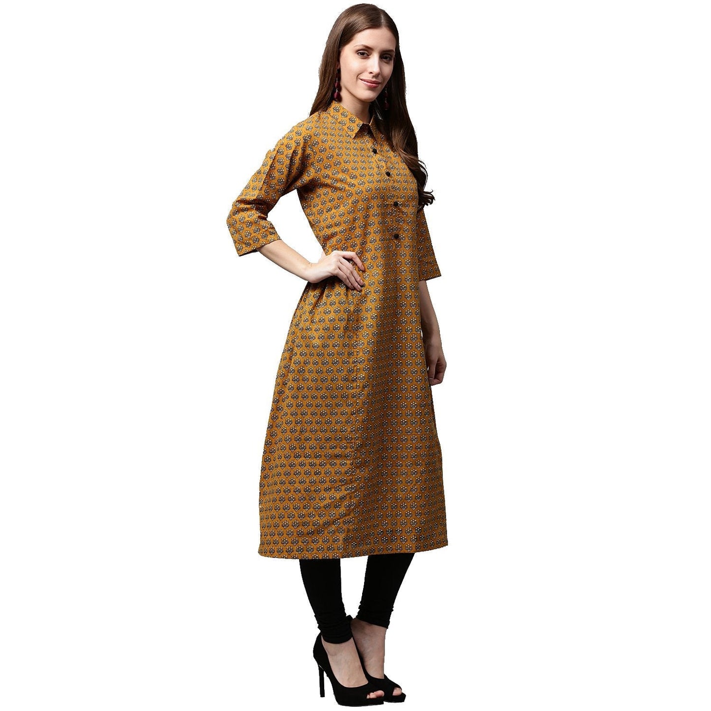 Yellow Printed 3/4Th Sleeve Cotton A-Line Kurta | LASVINI - Redefining Indian Fashion with Elegance