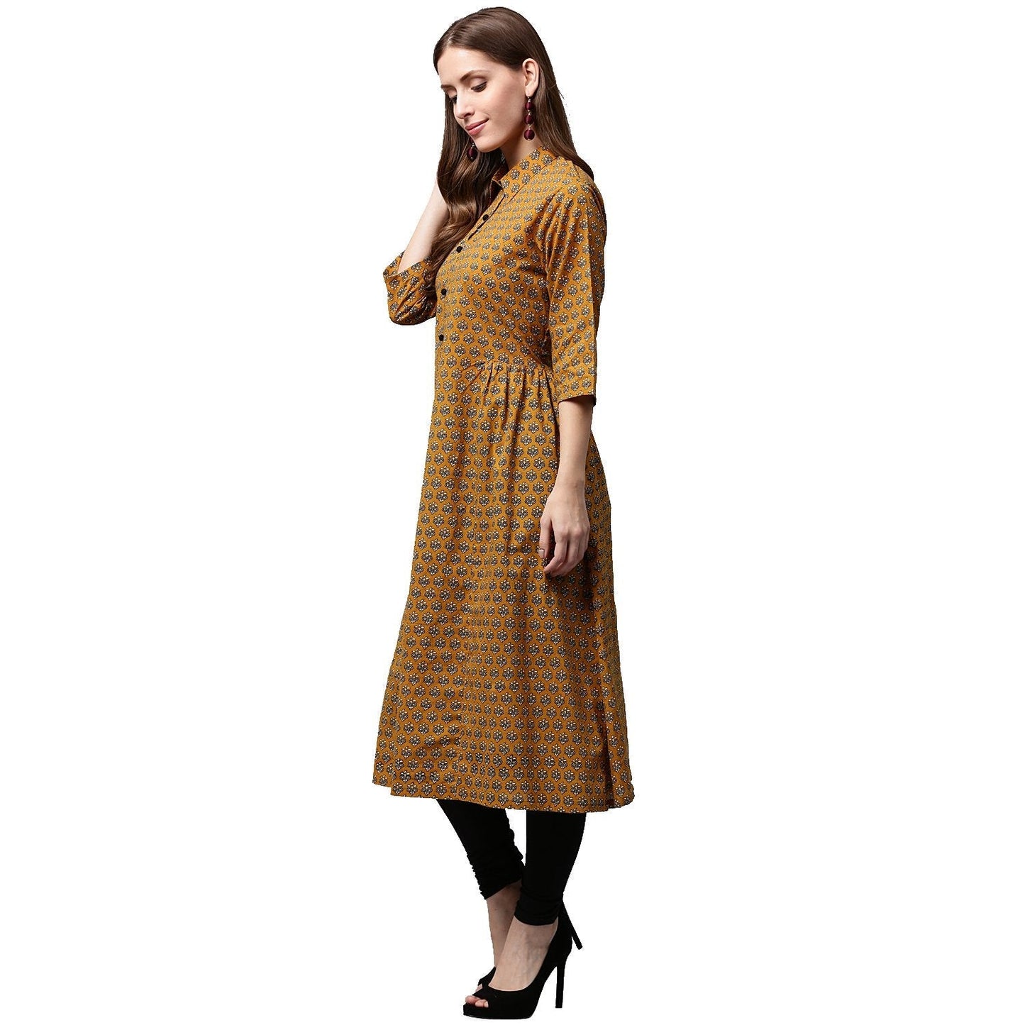 Yellow Printed 3/4Th Sleeve Cotton A-Line Kurta | LASVINI - Redefining Indian Fashion with Elegance