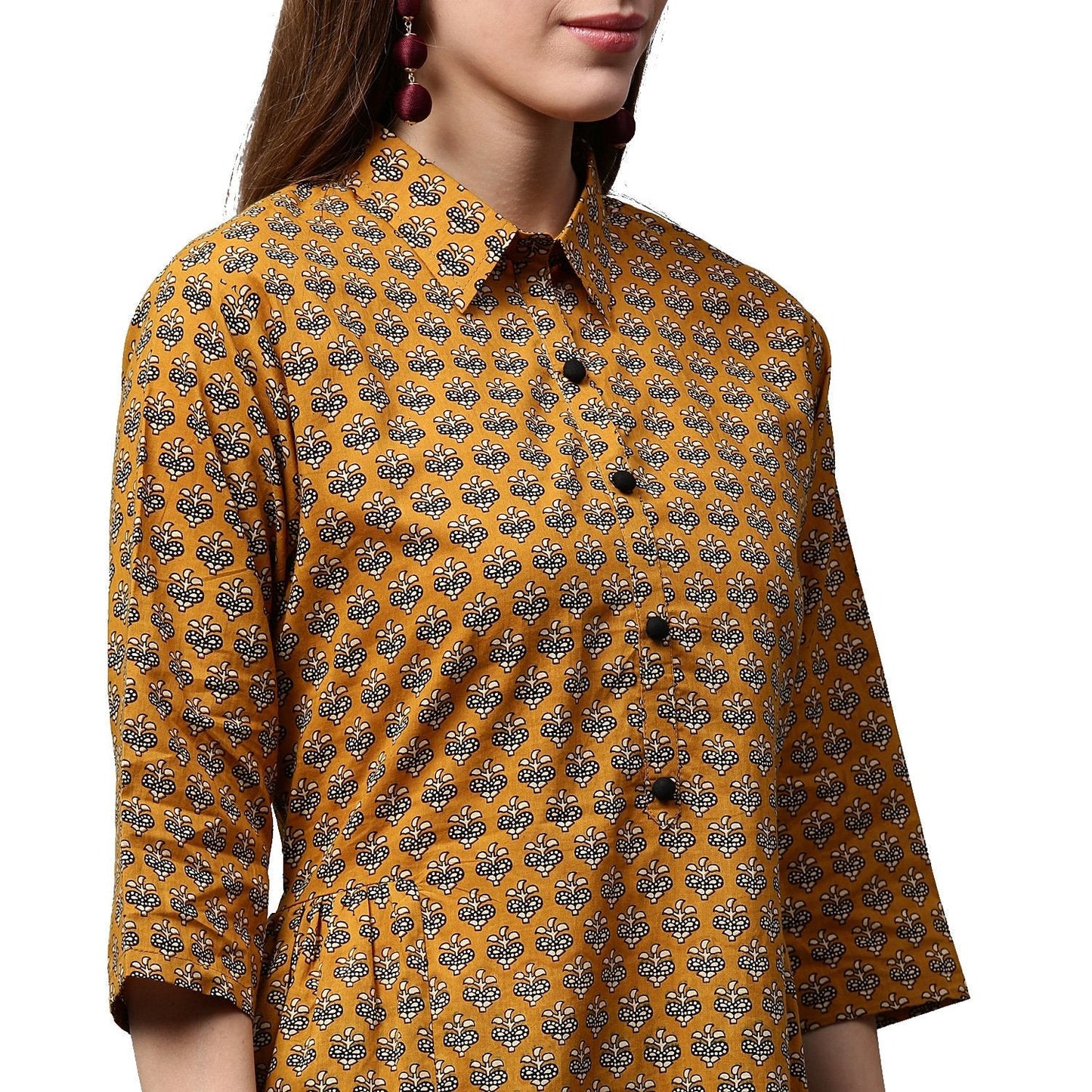Yellow Printed 3/4Th Sleeve Cotton A-Line Kurta | LASVINI - Redefining Indian Fashion with Elegance