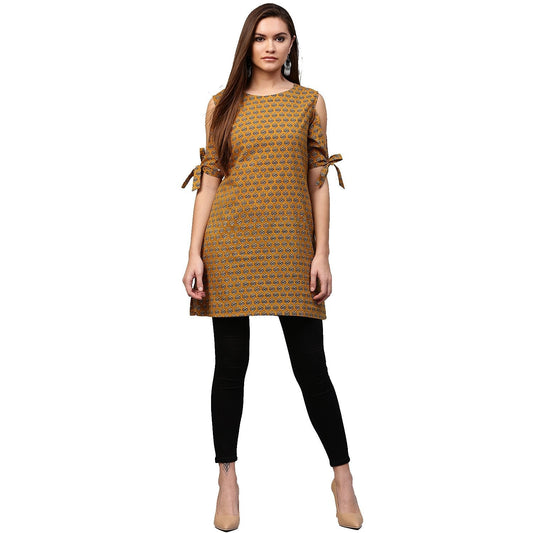 Yellow Half Sleeve Cotton Cold Shoulder Tunic | LASVINI - Redefining Indian Fashion with Elegance