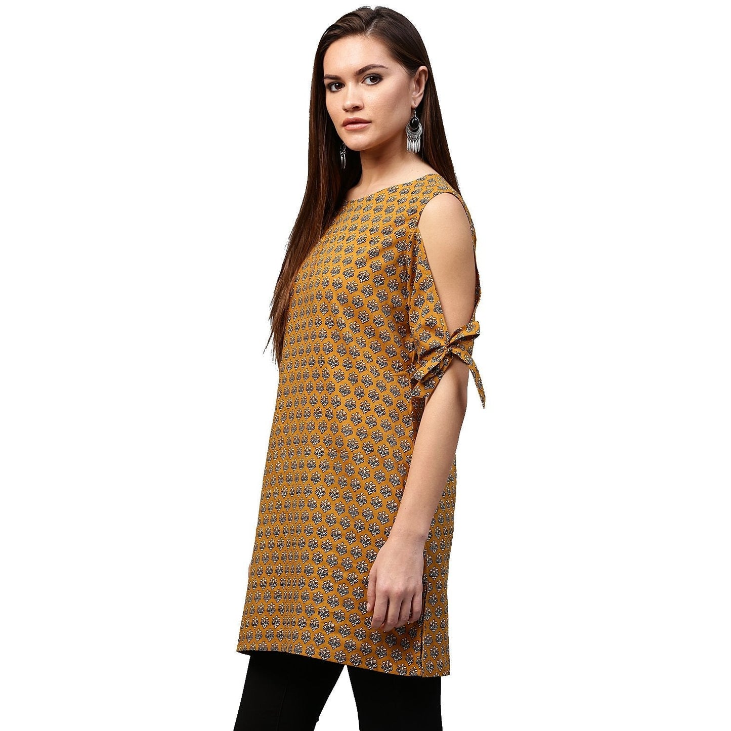 Yellow Half Sleeve Cotton Cold Shoulder Tunic | LASVINI - Redefining Indian Fashion with Elegance