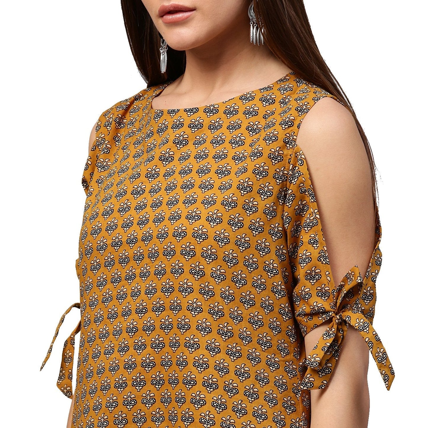 Yellow Half Sleeve Cotton Cold Shoulder Tunic | LASVINI - Redefining Indian Fashion with Elegance