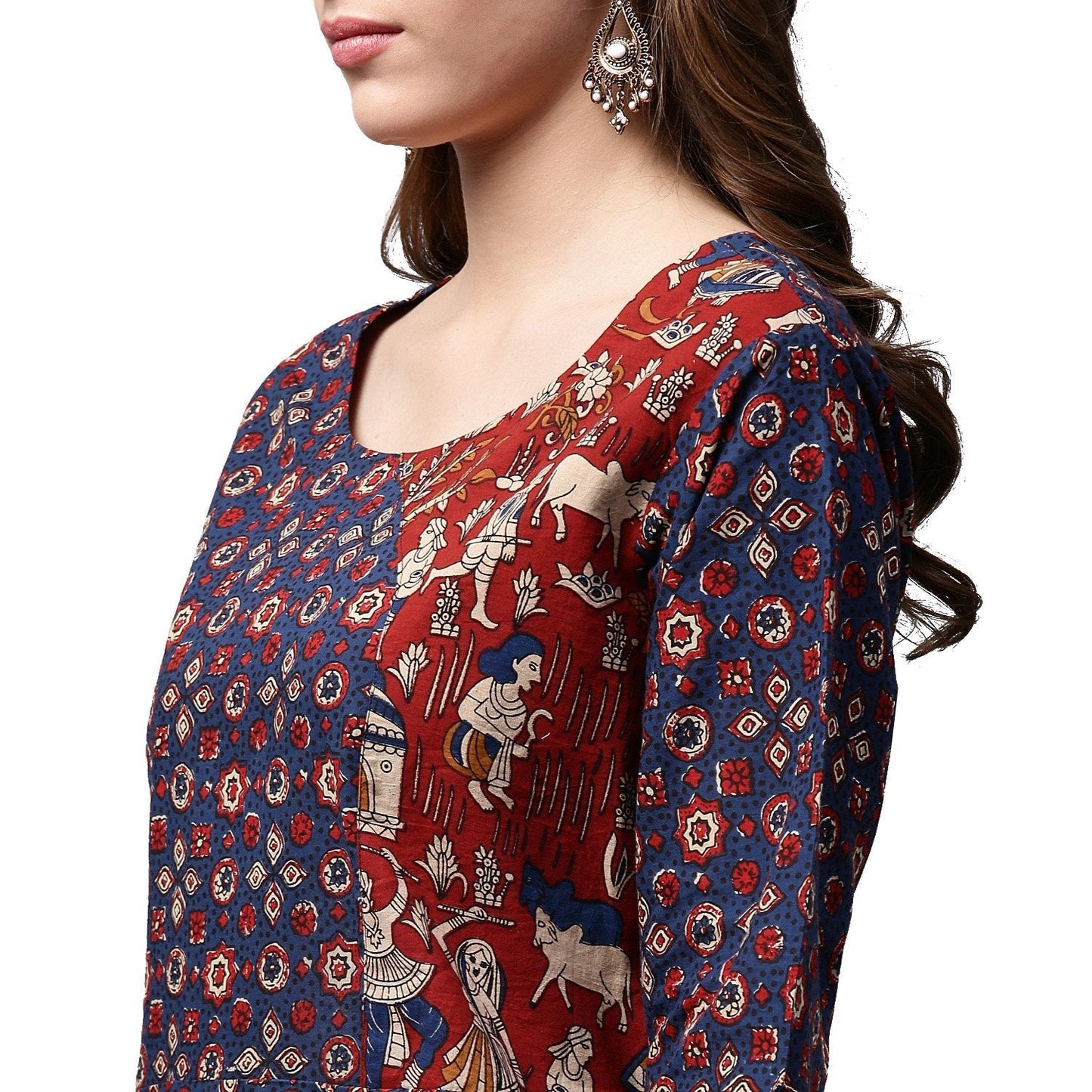 Blue Printed 3/4Th Sleeve Cotton Long A-Line Kurta | LASVINI - Redefining Indian Fashion with Elegance