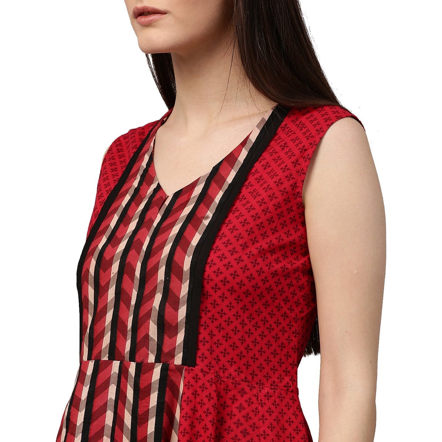 Maroon Printed Sleevless Cotton Anarkali Kurta | LASVINI - Redefining Indian Fashion with Elegance