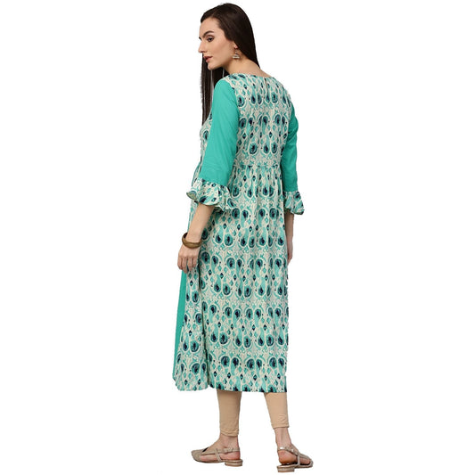 Blue Printed 3/4Th Sleeve Cotton Long Anarkali Kurta | LASVINI - Redefining Indian Fashion with Elegance