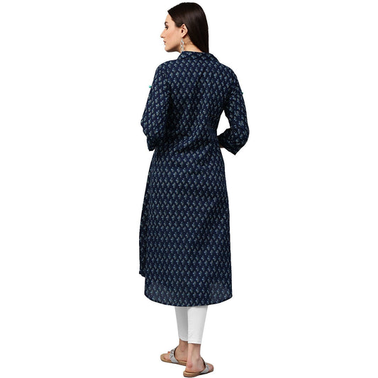 Blue Printed 3/4Th Sleeve Cotton A-Line Kurta | LASVINI - Redefining Indian Fashion with Elegance