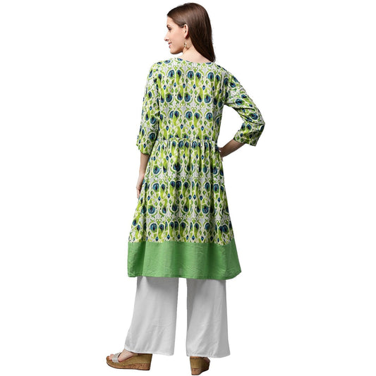 Green Printed 3/4Th Sleeve Anarkali Kurta With Dori Work At Yoke | LASVINI - Redefining Indian Fashion with Elegance