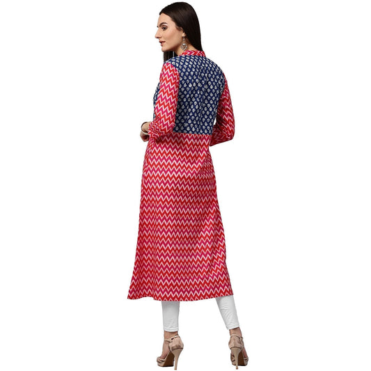 Red & Blue Printed 3/4Th Sleeve Cotton A-Line Kurta | LASVINI - Redefining Indian Fashion with Elegance