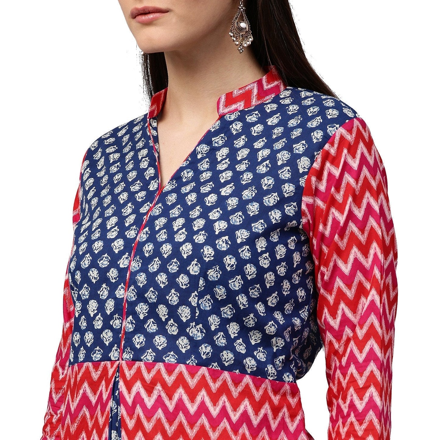 Red & Blue Printed 3/4Th Sleeve Cotton A-Line Kurta | LASVINI - Redefining Indian Fashion with Elegance