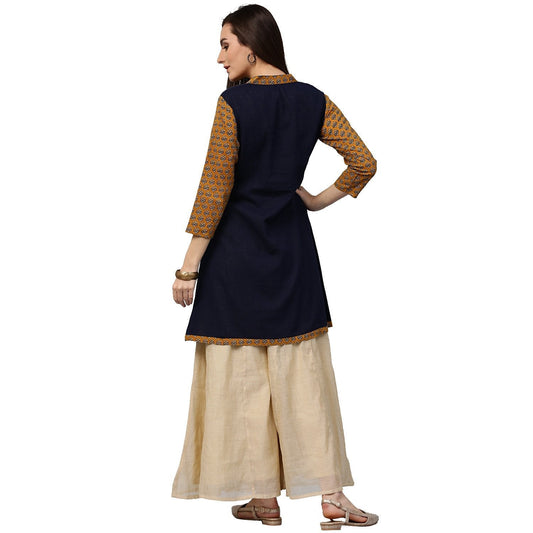 Blue & Yellow Printed 3/4Th Sleeve Cotton Short A-Line Kurta | LASVINI - Redefining Indian Fashion with Elegance