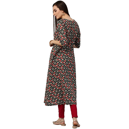 Green Printed 3/4Th Sleeve Cotton A-Line Kurta | LASVINI - Redefining Indian Fashion with Elegance