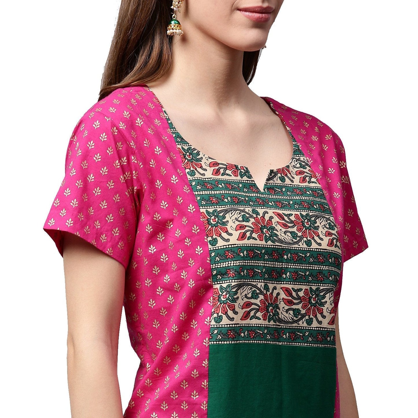 Pink & Green Printed Short Sleeve Cotton A-Line Kurta | LASVINI - Redefining Indian Fashion with Elegance