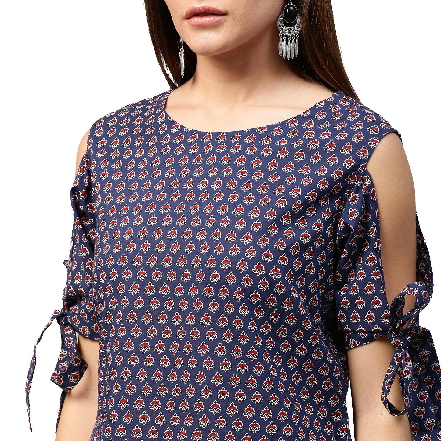 Blue Printed Half Sleeve With Cold Shoulder Cotton Tunic | LASVINI - Redefining Indian Fashion with Elegance