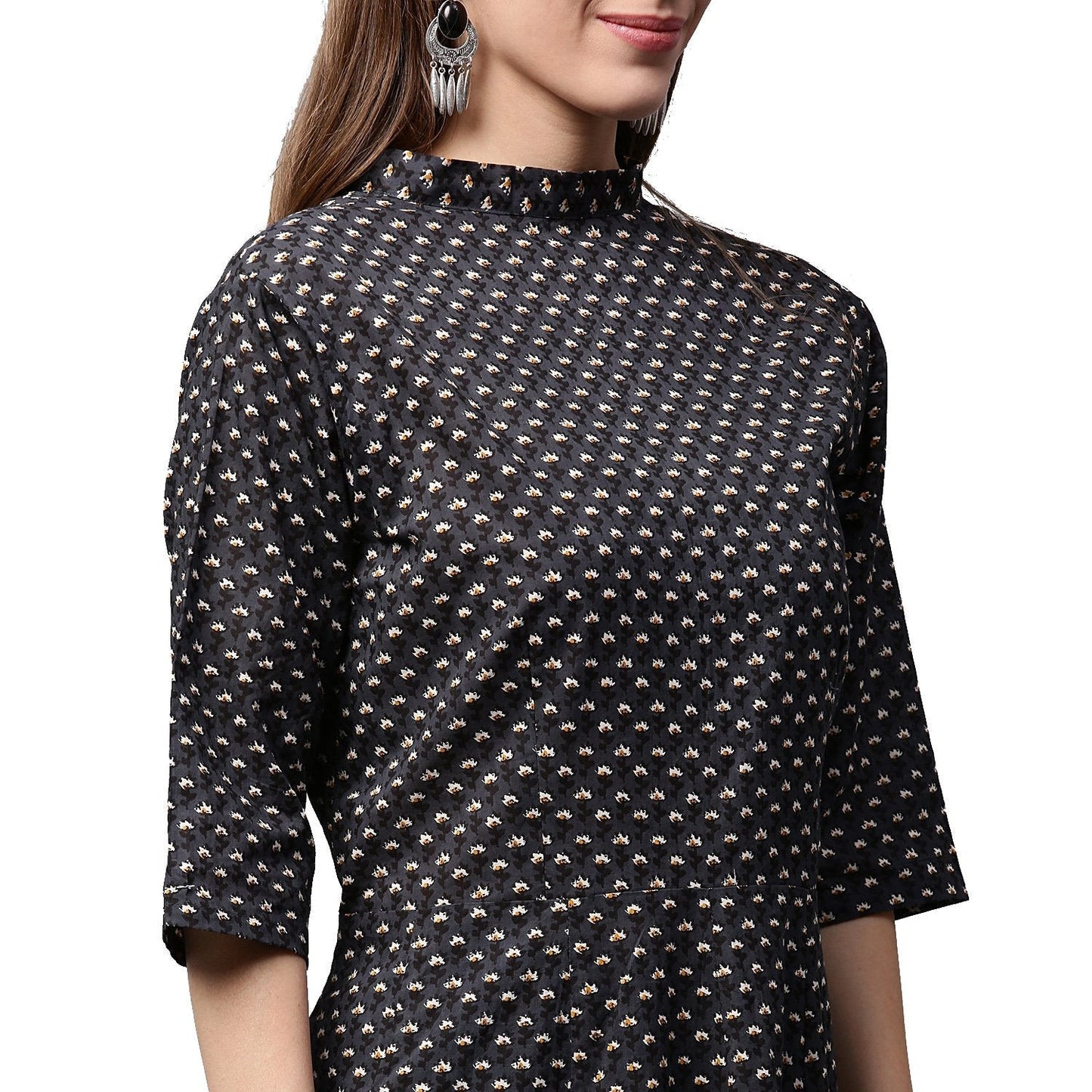 Black Printed 3/4Th Sleeve Cotton Anarkali Kurta | LASVINI - Redefining Indian Fashion with Elegance