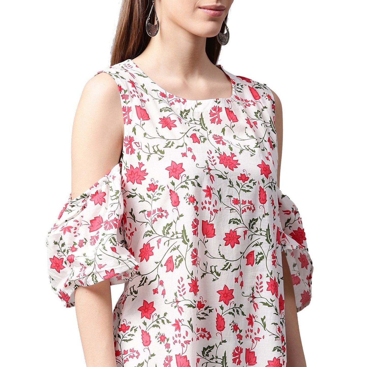 White Flower Printed Half Sleeve Cold Shoulder Cotton A-Line Kurta | LASVINI - Redefining Indian Fashion with Elegance