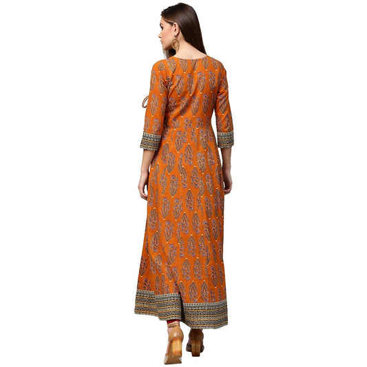 Mustard Printed 3/4Th Sleeve Cotton Angrakha Anarkali Kurta | LASVINI - Redefining Indian Fashion with Elegance