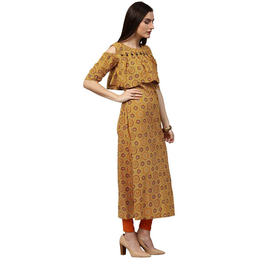 Yellow Printed Sleeveless Cotton A-Line Kurta | LASVINI - Redefining Indian Fashion with Elegance
