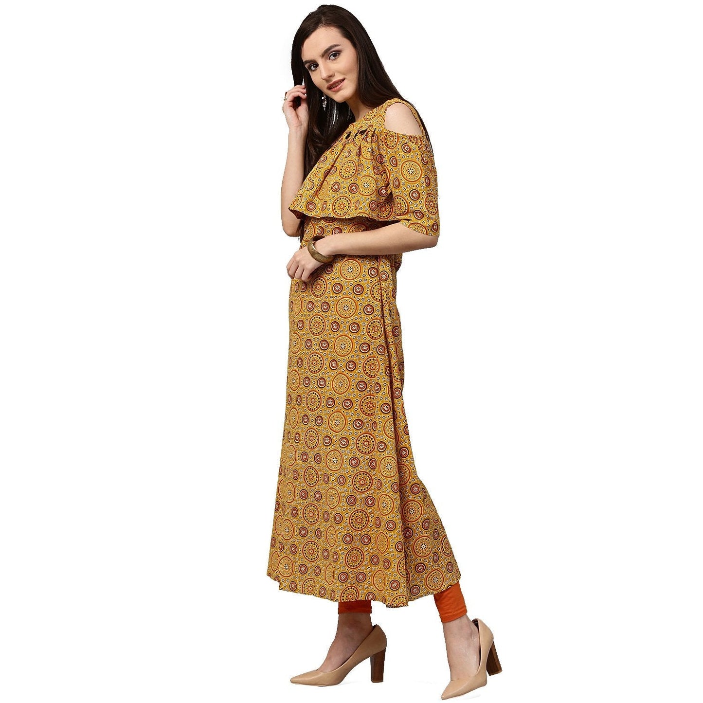 Yellow Printed Sleeveless Cotton A-Line Kurta | LASVINI - Redefining Indian Fashion with Elegance