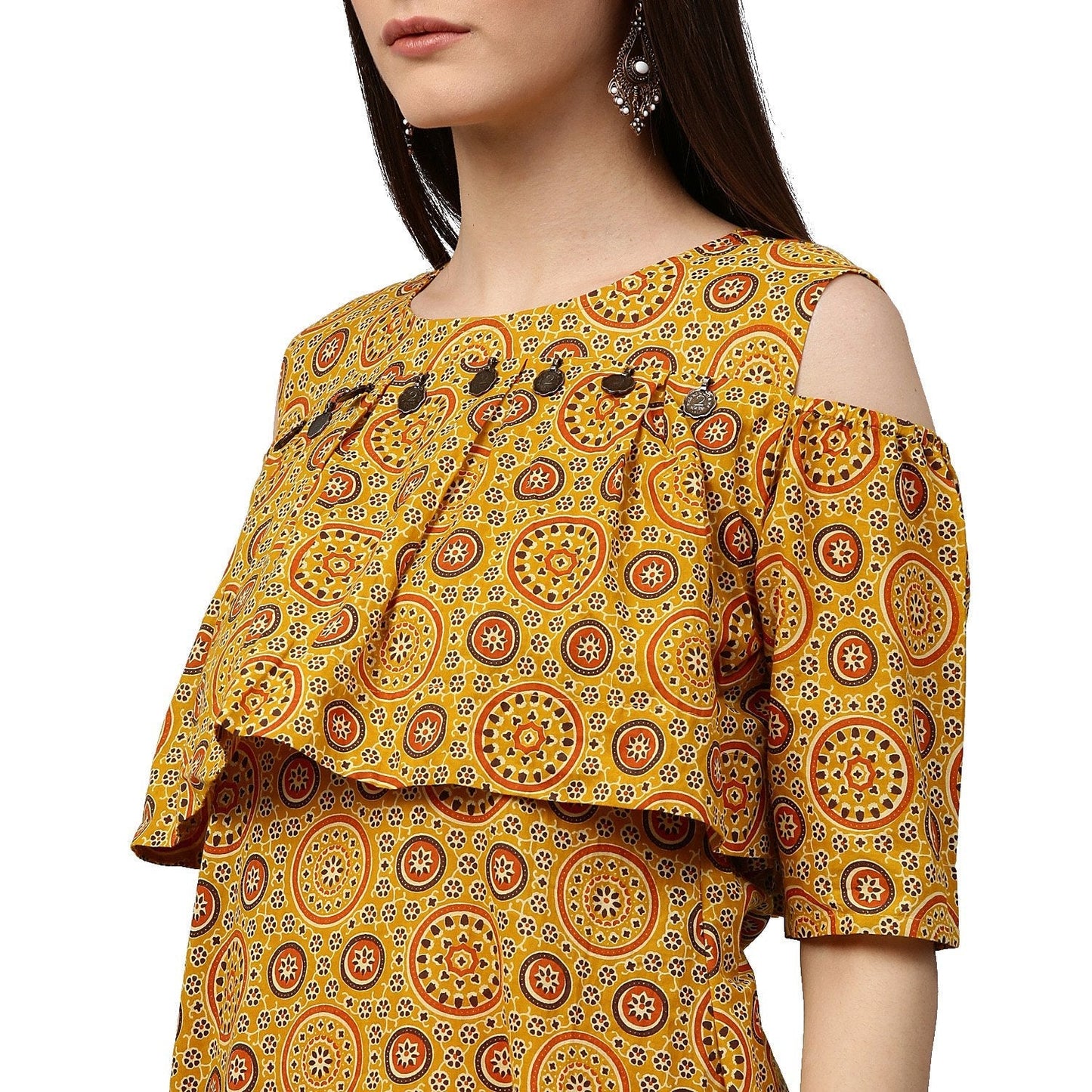 Yellow Printed Sleeveless Cotton A-Line Kurta | LASVINI - Redefining Indian Fashion with Elegance