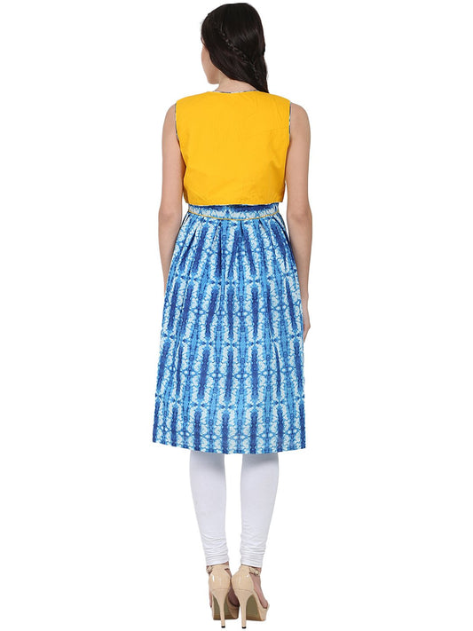 Blue Printed Sleeveless Cotton Anarkali Kurta With Yellow Jacket | LASVINI - Redefining Indian Fashion with Elegance