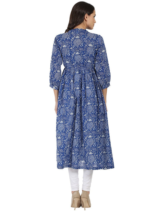 Blue Printed 3/4Th Sleeve Cotton Anarkali Kurta | LASVINI - Redefining Indian Fashion with Elegance