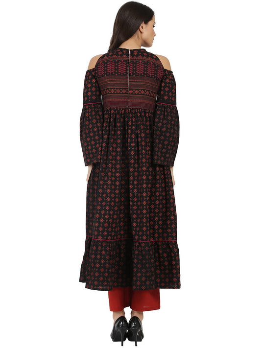 Blue Printed Full Sleeve Cold Shoulder Cotton Anarkali Kurta | LASVINI - Redefining Indian Fashion with Elegance