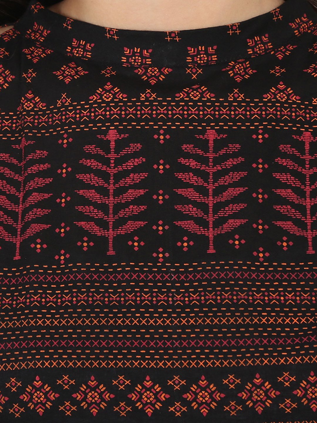 Blue Printed Full Sleeve Cold Shoulder Cotton Anarkali Kurta | LASVINI - Redefining Indian Fashion with Elegance