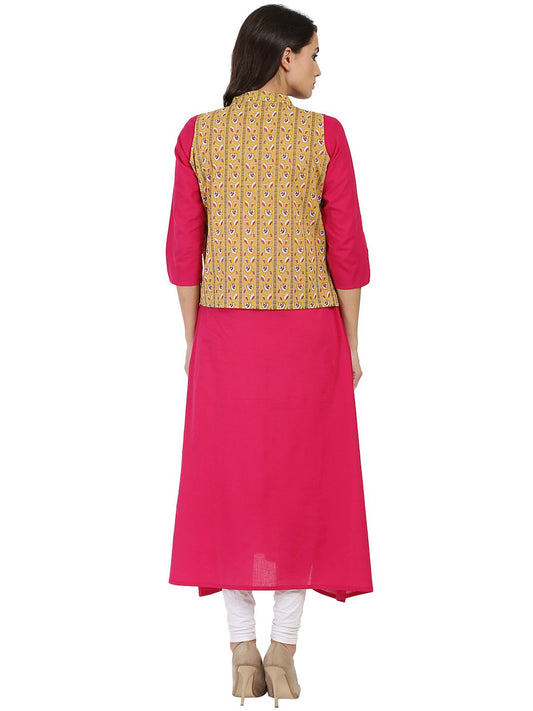 Pink 3/4Th Sleeve Cotton A-Line Kurta With Yellow Printed Jacket | LASVINI - Redefining Indian Fashion with Elegance