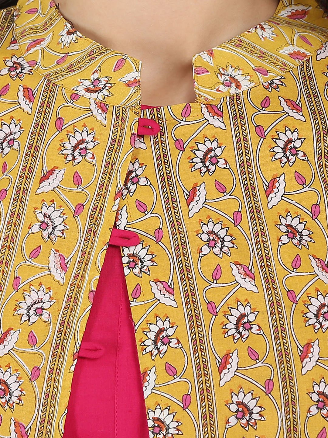 Pink 3/4Th Sleeve Cotton A-Line Kurta With Yellow Printed Jacket | LASVINI - Redefining Indian Fashion with Elegance