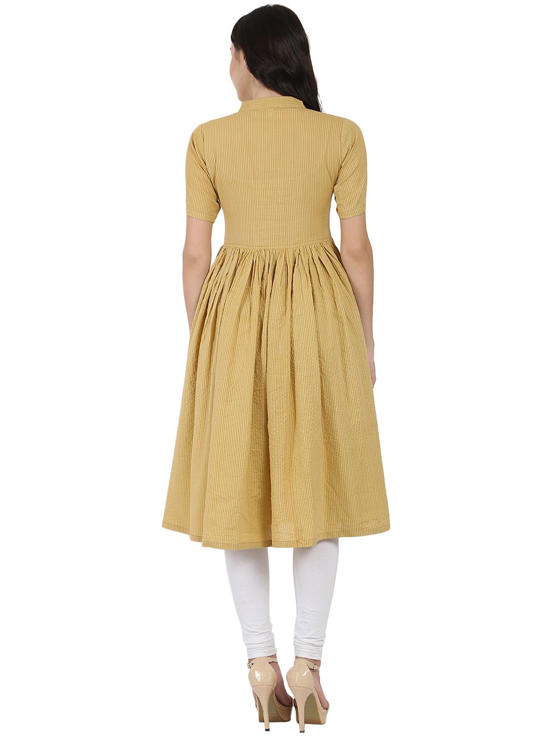 Beige Half Sleeve Cotton Anarkali Kurta | LASVINI - Redefining Indian Fashion with Elegance