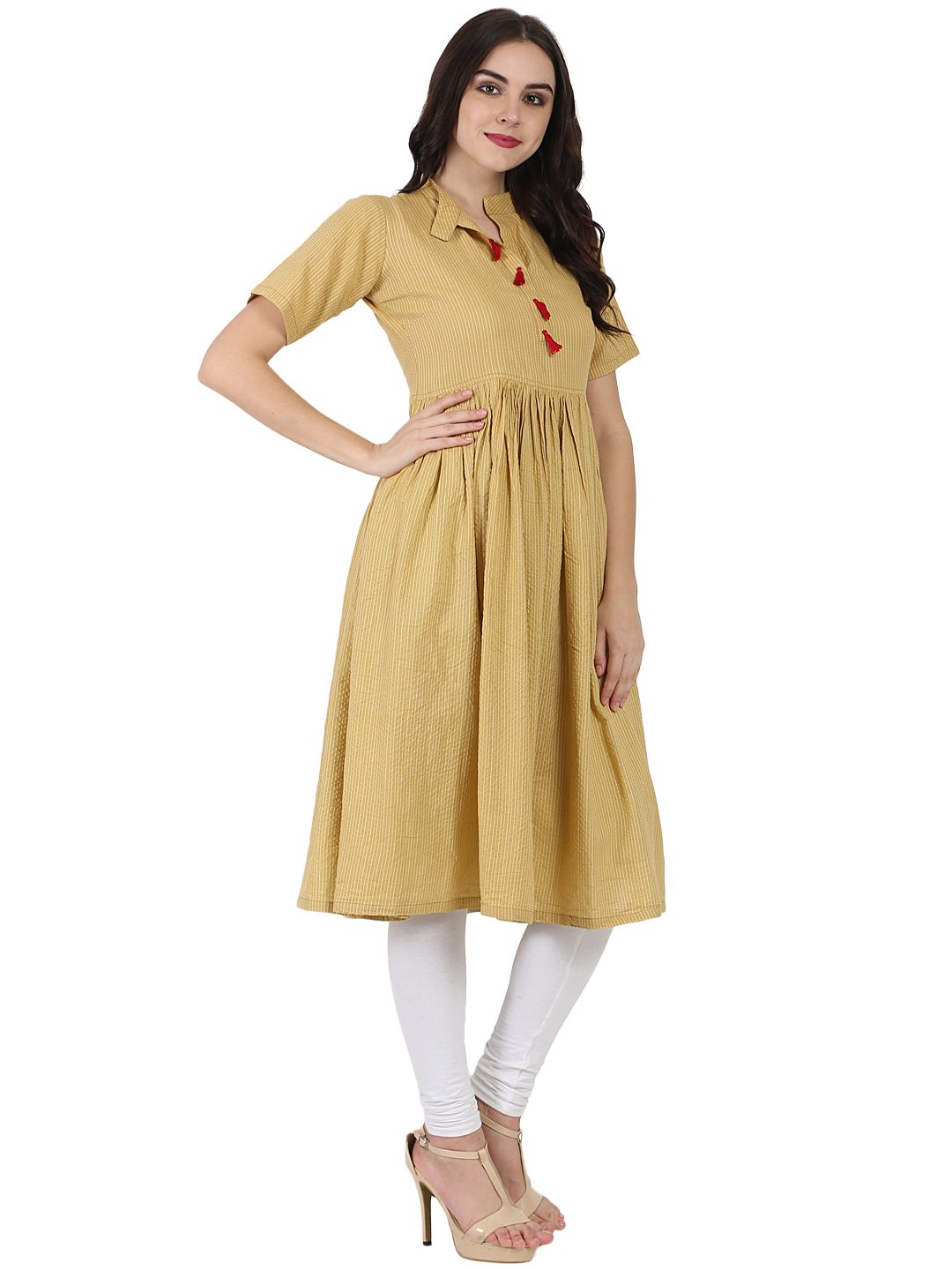 Beige Half Sleeve Cotton Anarkali Kurta | LASVINI - Redefining Indian Fashion with Elegance