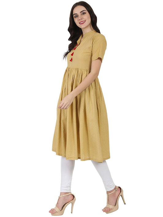 Beige Half Sleeve Cotton Anarkali Kurta | LASVINI - Redefining Indian Fashion with Elegance