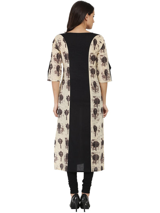 Black & Beige Printed 3/4Th Sleeve Cotton A-Line Kurta | LASVINI - Redefining Indian Fashion with Elegance