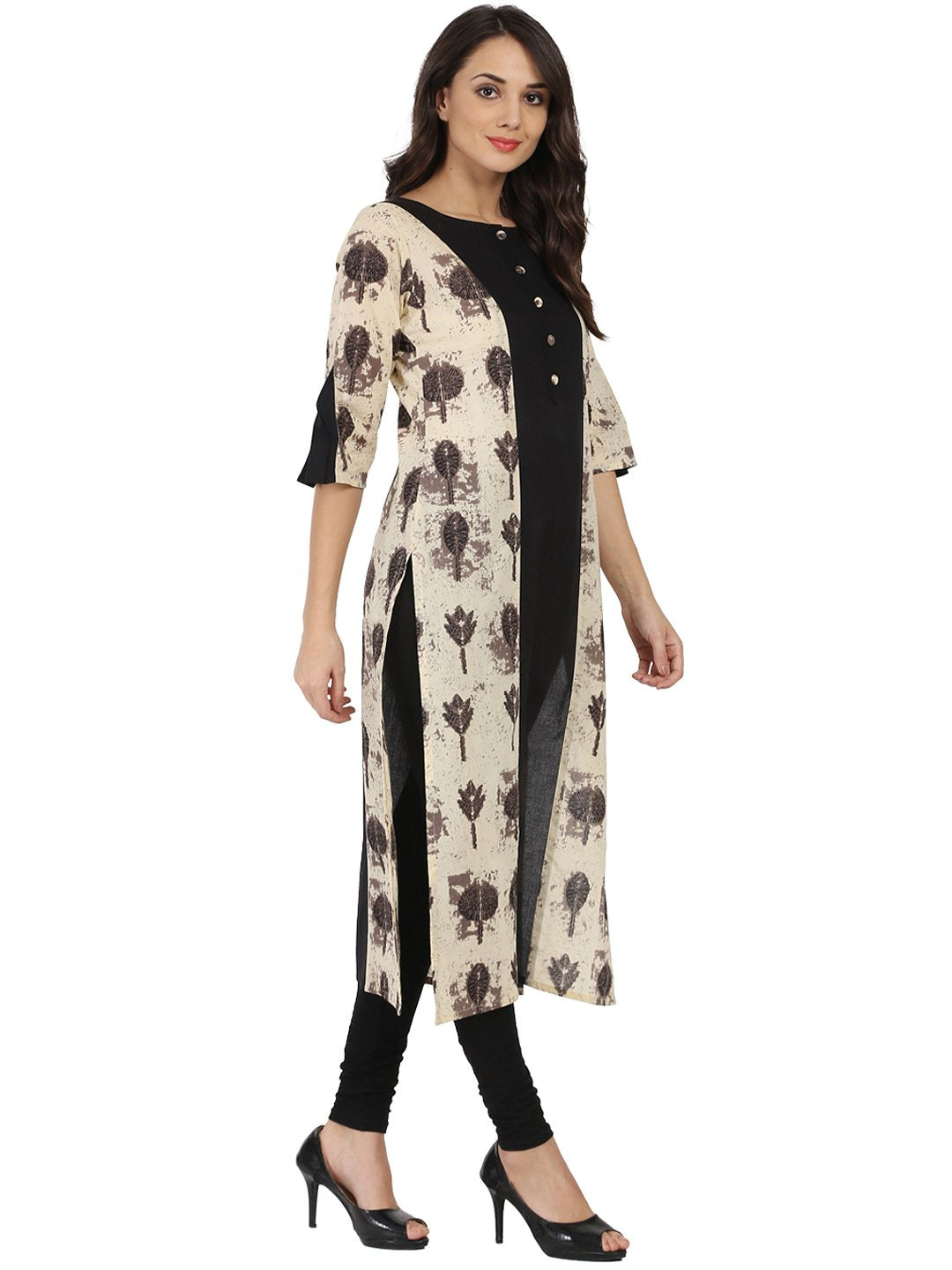Black & Beige Printed 3/4Th Sleeve Cotton A-Line Kurta | LASVINI - Redefining Indian Fashion with Elegance