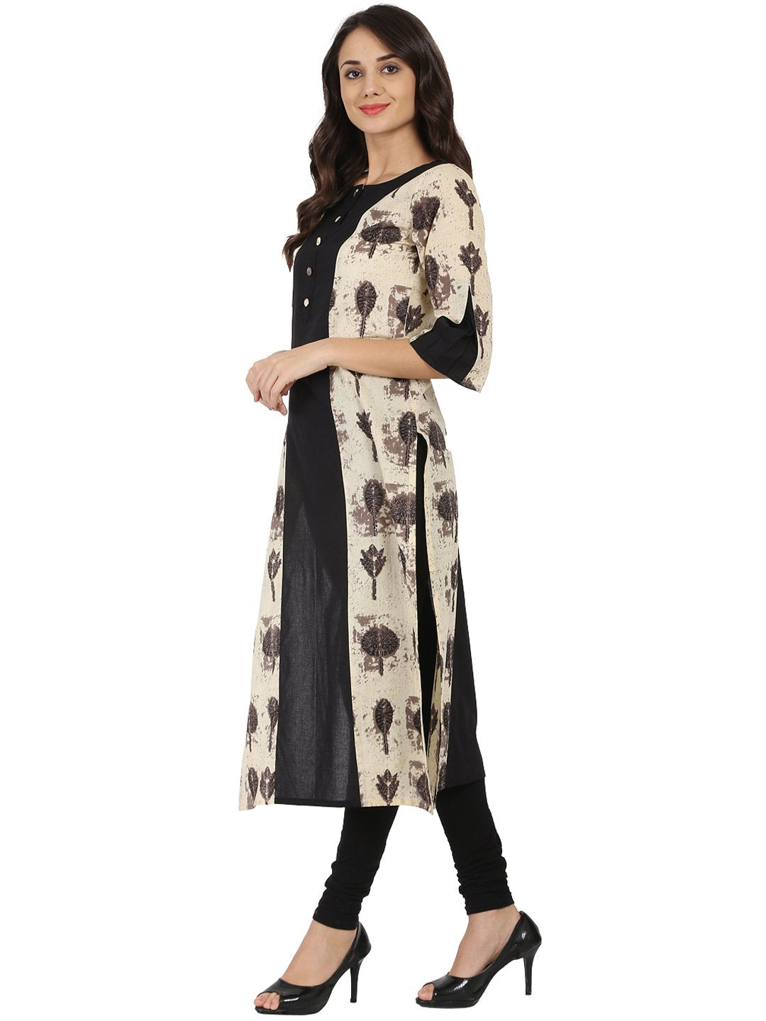 Black & Beige Printed 3/4Th Sleeve Cotton A-Line Kurta | LASVINI - Redefining Indian Fashion with Elegance