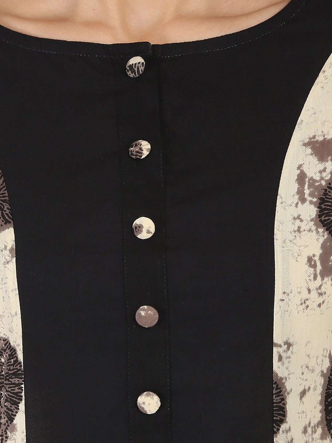 Black & Beige Printed 3/4Th Sleeve Cotton A-Line Kurta | LASVINI - Redefining Indian Fashion with Elegance