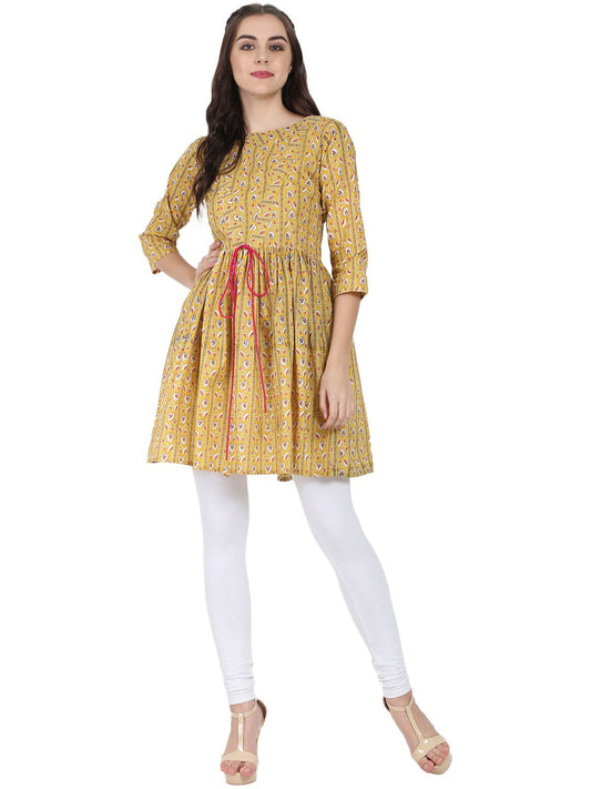 Yellow Printed 3/4Th Sleeve Cotton Cropped Anarkali Kurta | LASVINI - Redefining Indian Fashion with Elegance