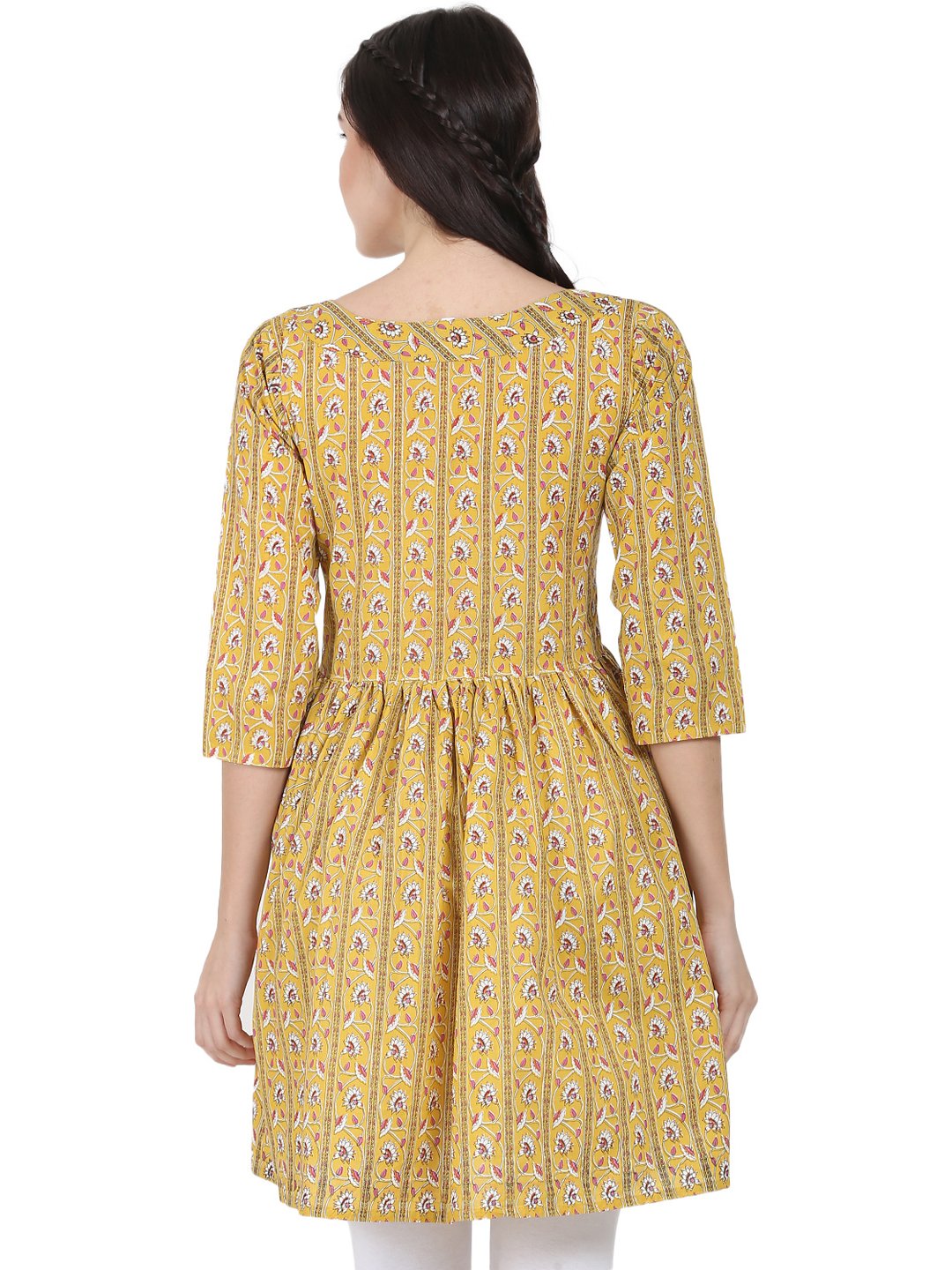 Yellow Printed 3/4Th Sleeve Cotton Cropped Anarkali Kurta | LASVINI - Redefining Indian Fashion with Elegance