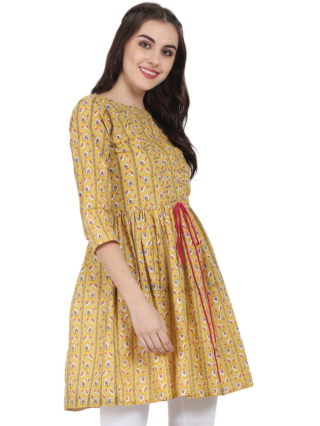 Yellow Printed 3/4Th Sleeve Cotton Cropped Anarkali Kurta | LASVINI - Redefining Indian Fashion with Elegance