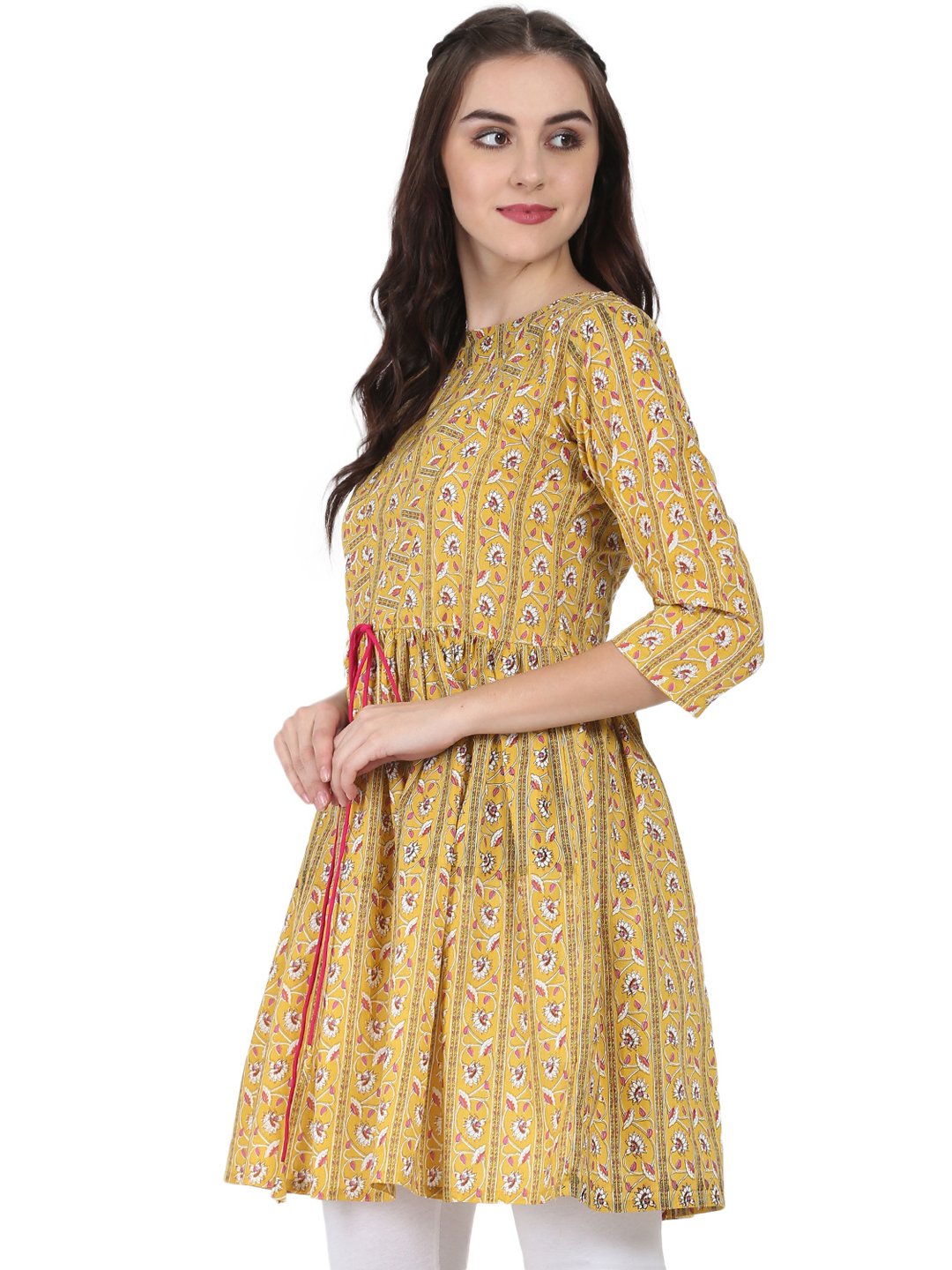 Yellow Printed 3/4Th Sleeve Cotton Cropped Anarkali Kurta | LASVINI - Redefining Indian Fashion with Elegance