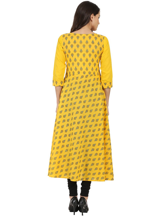 Yellow Printed 3/4Th Sleeve Cotton Double Layer A-Line Kurta | LASVINI - Redefining Indian Fashion with Elegance