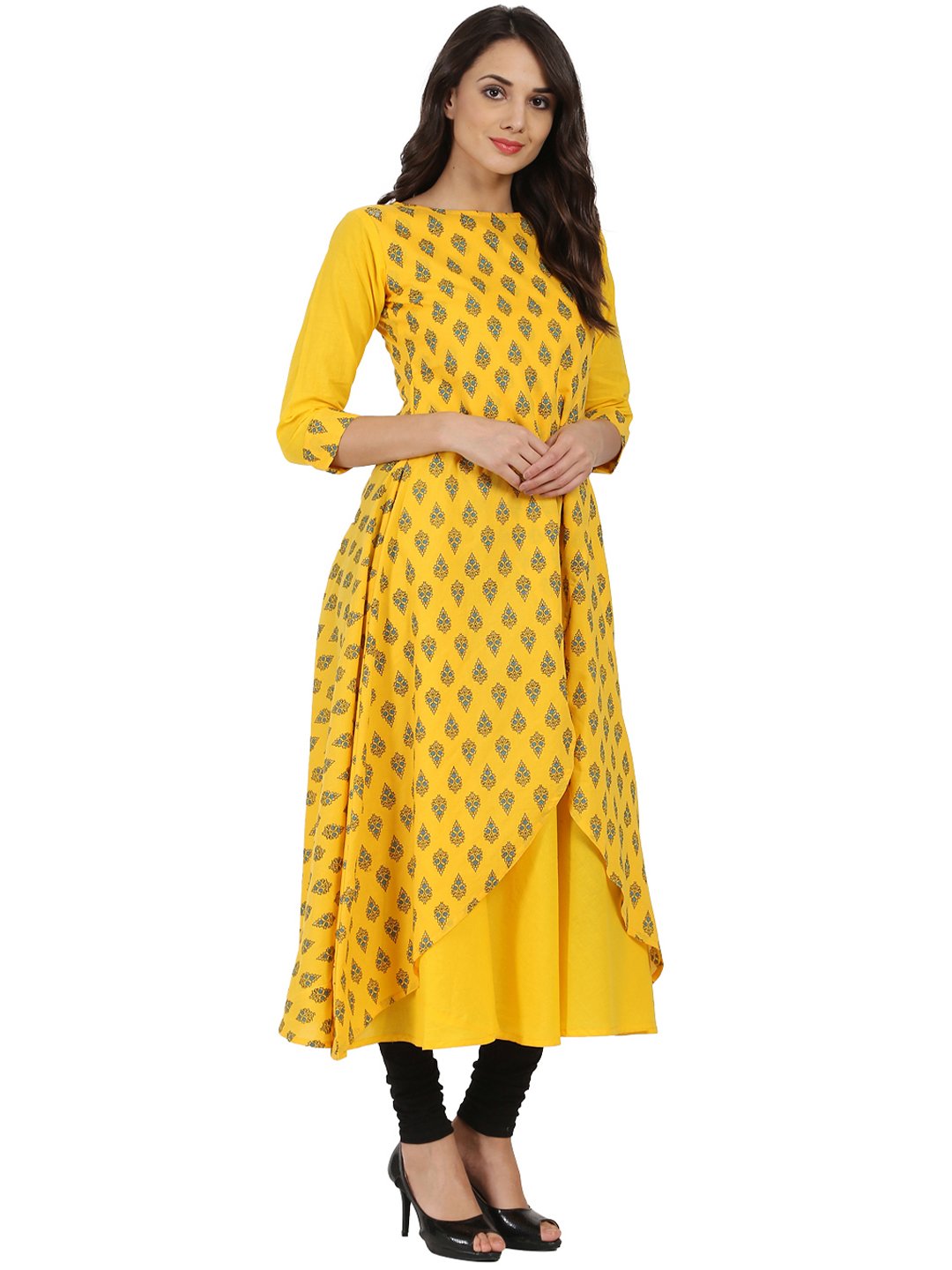 Yellow Printed 3/4Th Sleeve Cotton Double Layer A-Line Kurta | LASVINI - Redefining Indian Fashion with Elegance