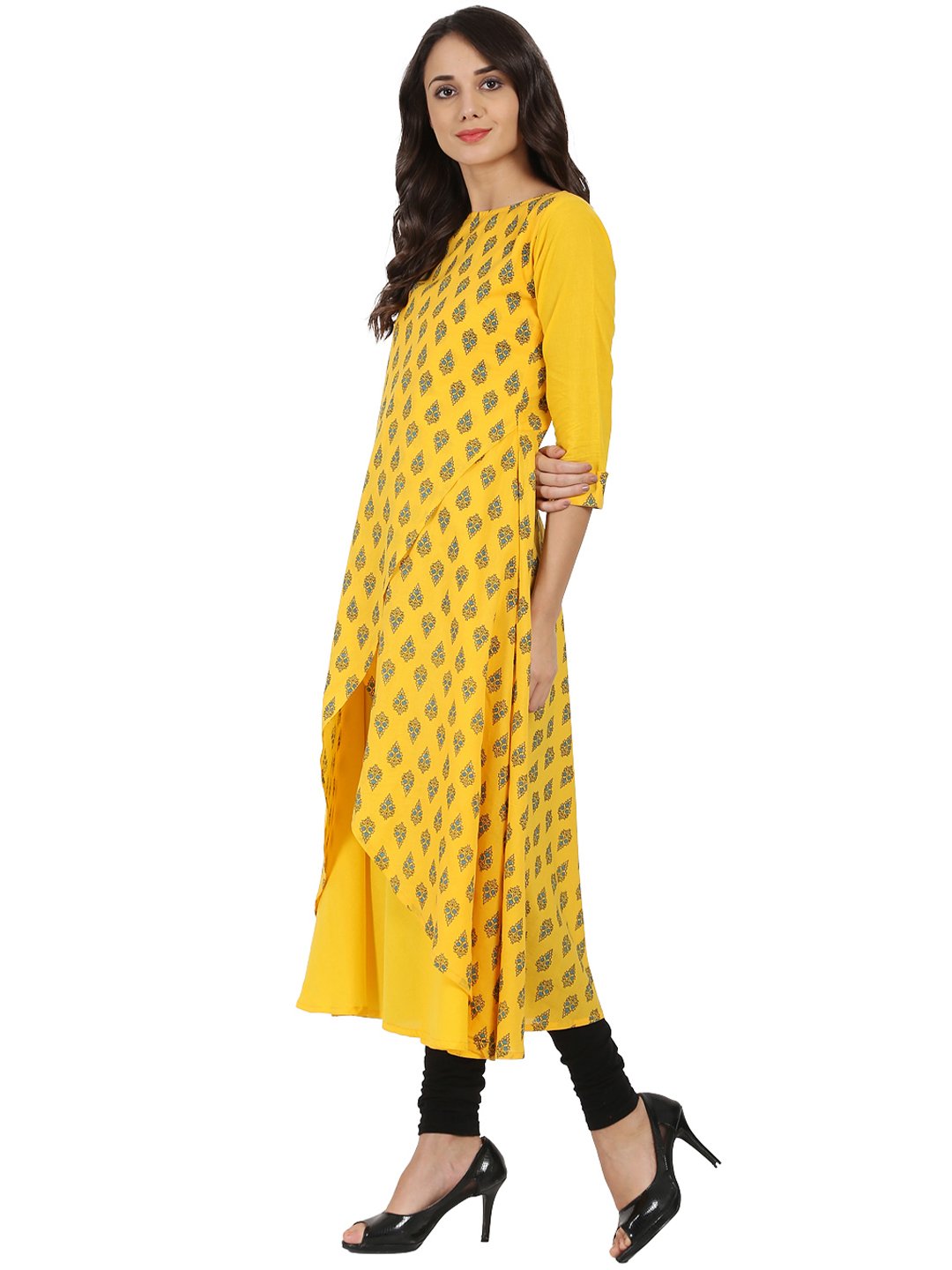 Yellow Printed 3/4Th Sleeve Cotton Double Layer A-Line Kurta | LASVINI - Redefining Indian Fashion with Elegance