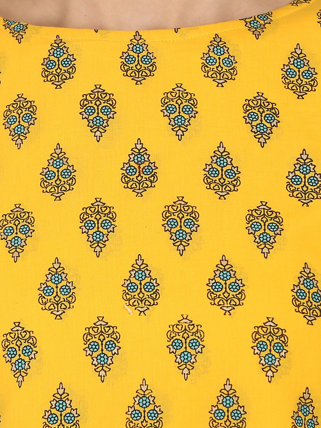 Yellow Printed 3/4Th Sleeve Cotton Double Layer A-Line Kurta | LASVINI - Redefining Indian Fashion with Elegance