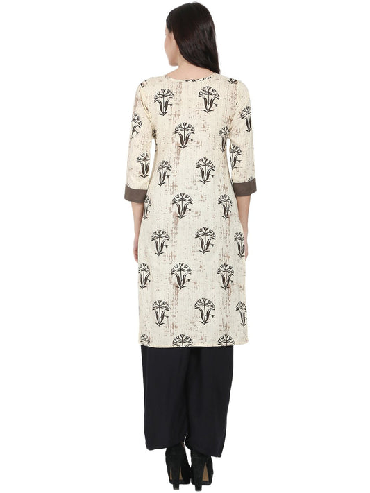 Beige Printed 3/4Th Sleeve Cotton Kurta | LASVINI - Redefining Indian Fashion with Elegance