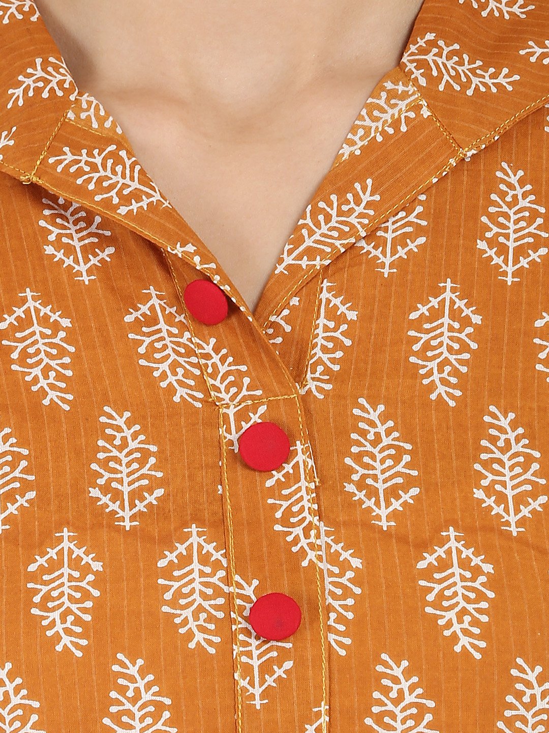 Mustard Printed 3/4Th Sleeve Cotton Kurta With Button Work At Yoke | LASVINI - Redefining Indian Fashion with Elegance