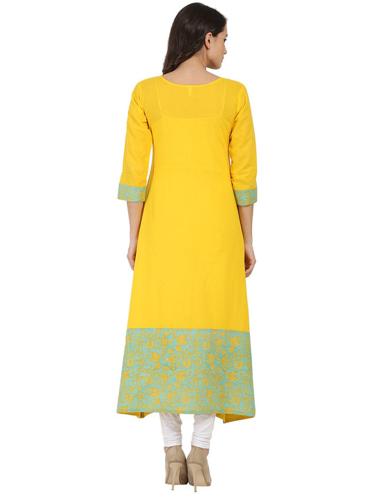 Yellow Printed 3/4Th Sleeve Cotton A-Line Kurta | LASVINI - Redefining Indian Fashion with Elegance