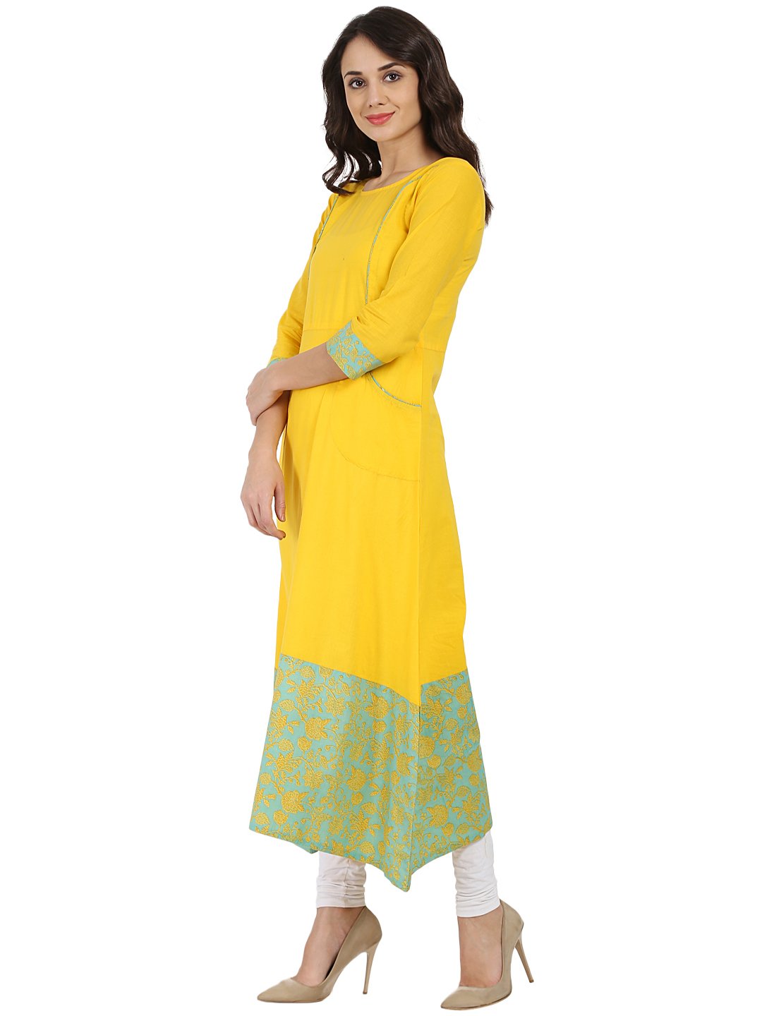 Yellow Printed 3/4Th Sleeve Cotton A-Line Kurta | LASVINI - Redefining Indian Fashion with Elegance