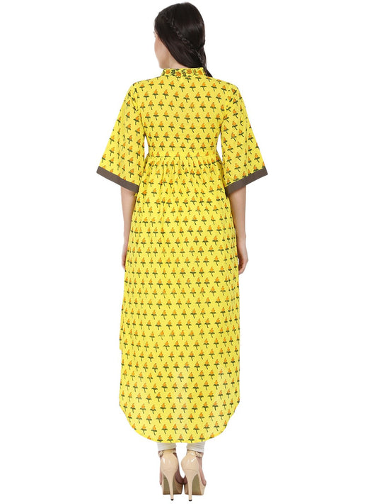 Yellow Printed Half Sleeve Cotton Anarkali Kurta | LASVINI - Redefining Indian Fashion with Elegance